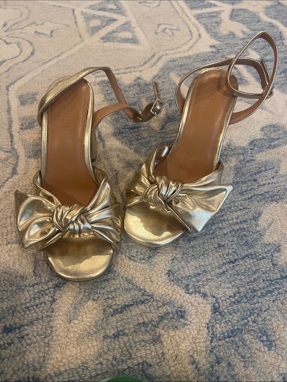 J. Crew Factory Metallic Gold Knot Front Ankle-Strap Heels